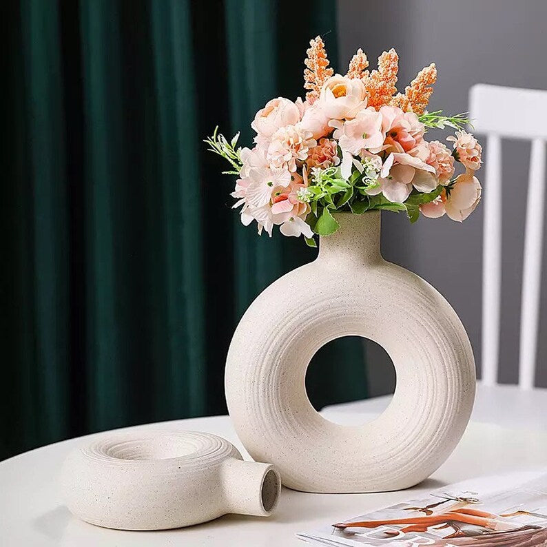 Round White Hollow Ceramic Vase - CHAL