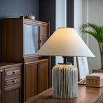 Load image into Gallery viewer, Brenton Striped Table Lamp – Hand-Painted Ceramic, Rustic Elegance | Chal Decoration

This highlights the lamp’s textured ceramic craftsmanship, timeless striped design, and warm, inviting ambiance.
