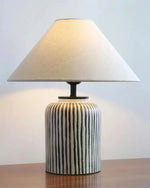 Load image into Gallery viewer, Brenton Striped Table Lamp – Hand-Painted Ceramic, Rustic Elegance | Chal Decoration

This highlights the lamp’s textured ceramic craftsmanship, timeless striped design, and warm, inviting ambiance.
