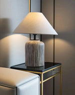 Load image into Gallery viewer, Brenton Striped Table Lamp – Hand-Painted Ceramic, Rustic Elegance | Chal Decoration

This highlights the lamp’s textured ceramic craftsmanship, timeless striped design, and warm, inviting ambiance.
