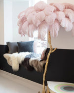 Load image into Gallery viewer, pink Ostrich Feather Brass Floor Lamp in a living room
