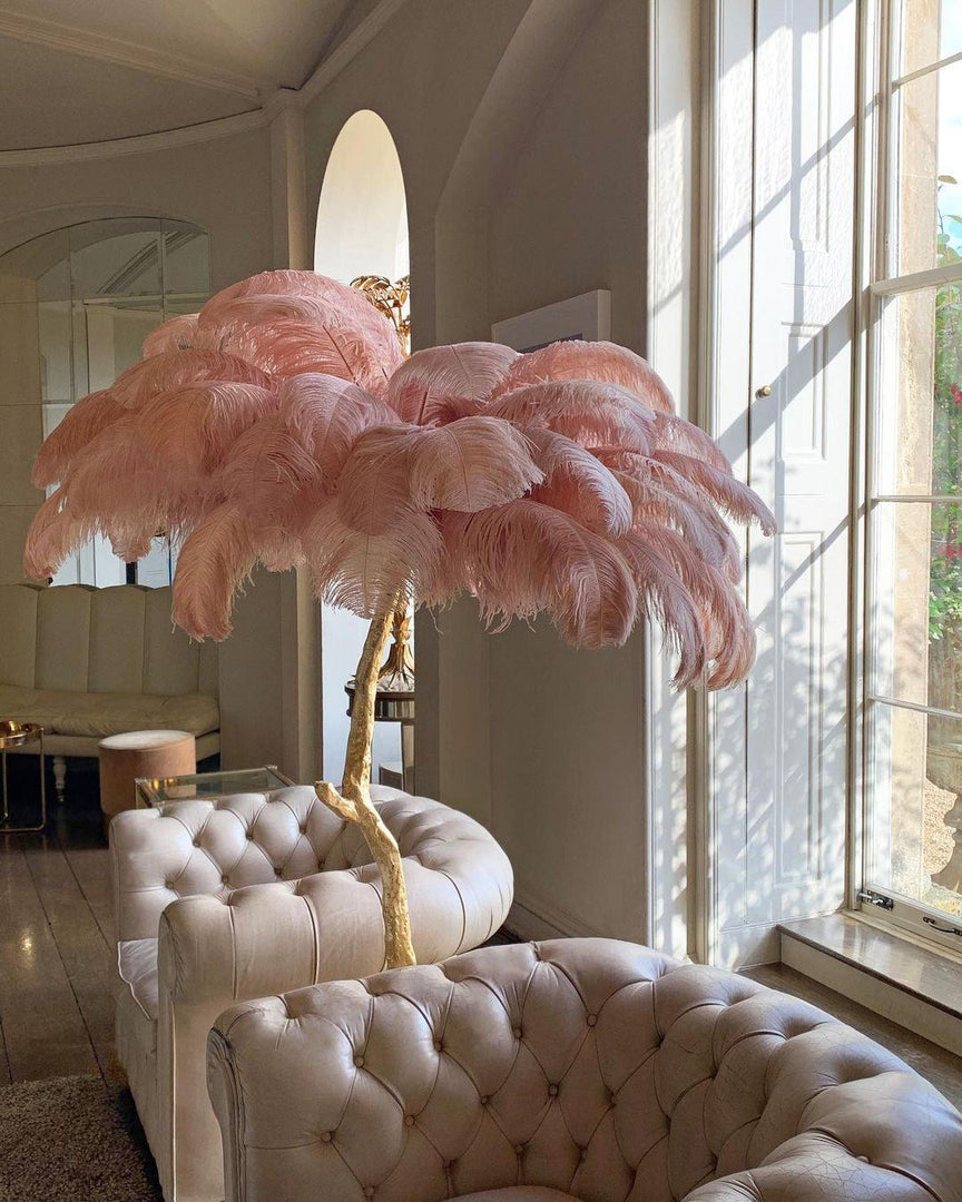 pink Ostrich Feather Brass Floor Lamp in a living room