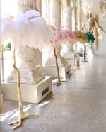 Load image into Gallery viewer, pink white beige green Ostrich Feather Brass Floor Lamp displayed together
