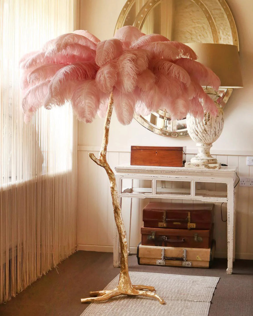 pink Ostrich Feather Brass Floor Lamp in a living room