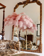 Load image into Gallery viewer, pink Ostrich Feather Brass Floor Lamp in a bedroom
