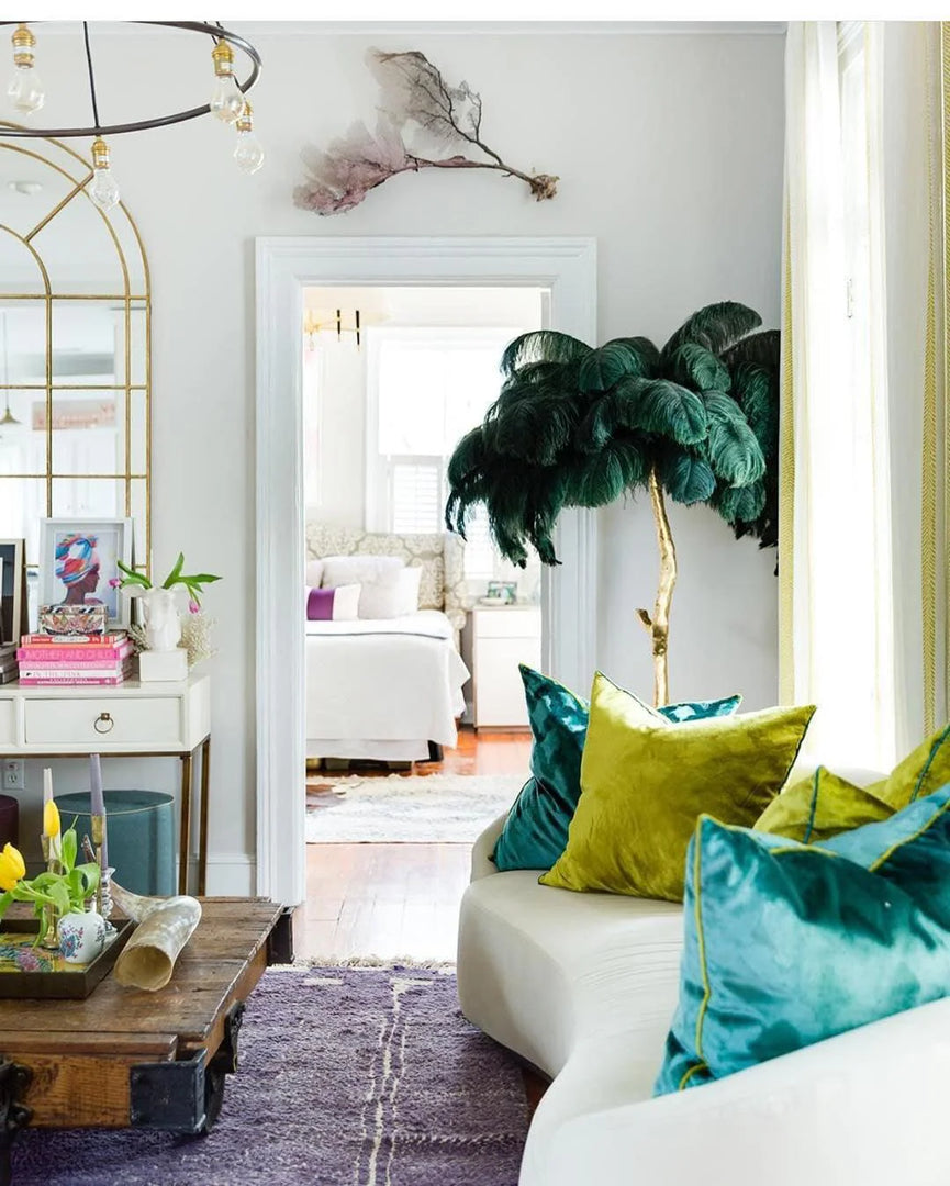 green Ostrich Feather Brass Floor Lamp in a living room