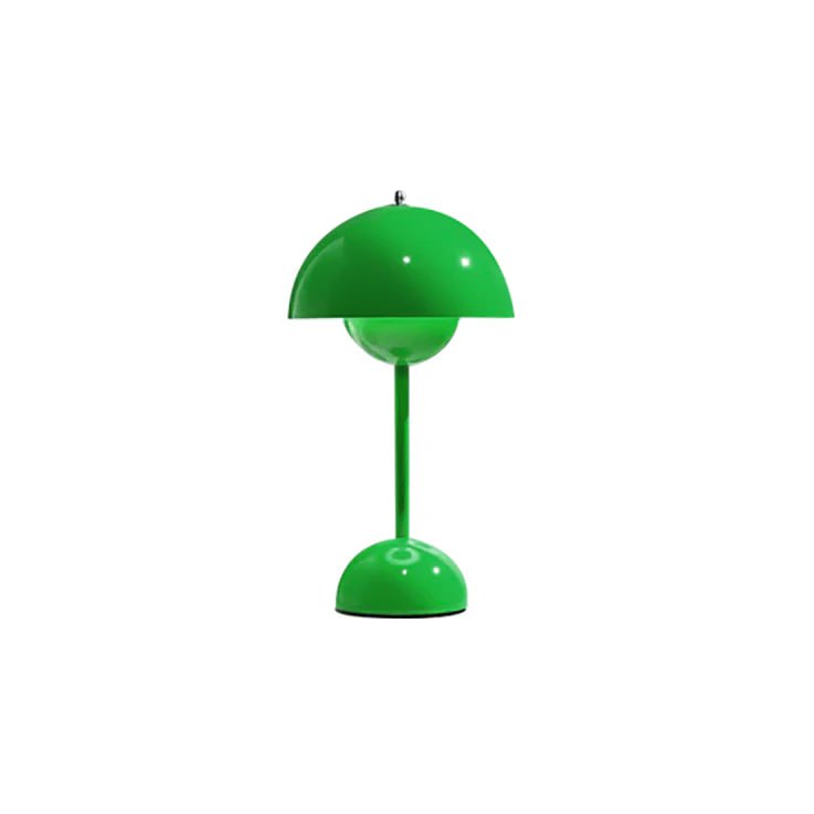 A vibrant green rechargeable LED small desk lamp stands against a white background. The sleek, modern design features a round base and a semi-spherical lampshade, showcasing a clean, minimalistic look.