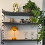 Load image into Gallery viewer, A rechargeable LED small desk lamp in yellow illuminates a stylish shelf. The lamp rests beside a collection of ceramics and clear glassware, with a vibrant green plant cascading from the top shelf. The light casts a warm glow in the cozy and artistic setting.
