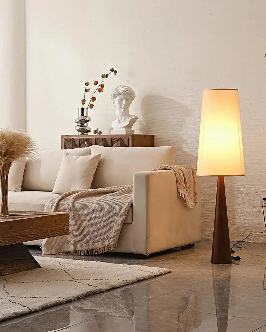 This highlights the lamp’s sleek wooden design and minimalist sophistication, emphasizing its warmth and contemporary appeal.