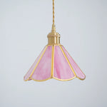 Load image into Gallery viewer, Butterfly pendant lamp with a pink stained glass scalloped shade and gold metal frame, suspended by a twisted cord against a plain white background, highlighting its elegant and timeless design.
