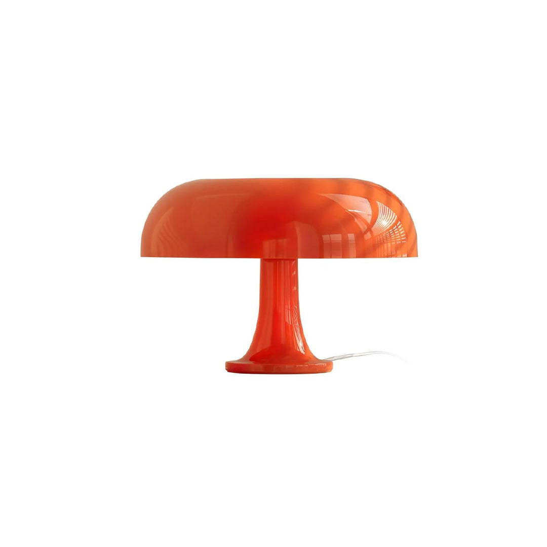 The bright orange Mushroom Playful Table Lamp shines with its glossy finish and distinctive shape, presented against a minimalistic background, focusing solely on its bold design and vibrant color, perfect for adding a modern touch to any space.