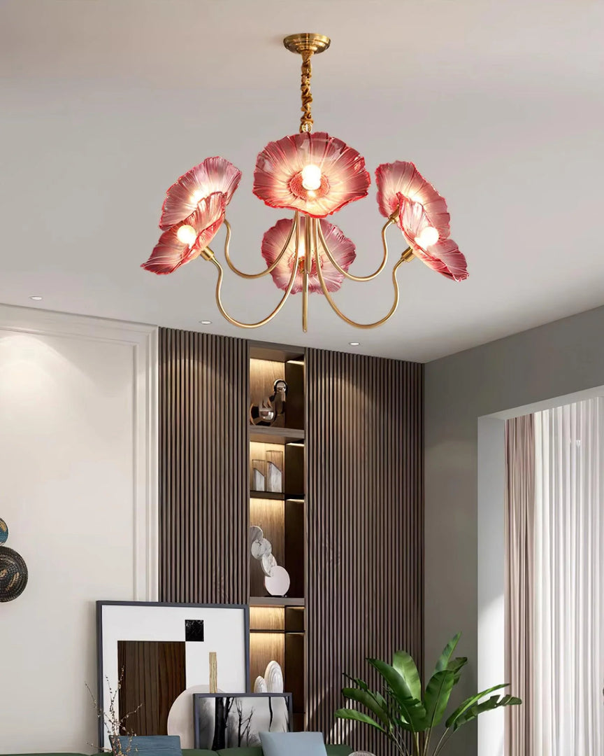 Elegant living room with Oleander floral chandelier hanging above a modern seating area, enhancing the space with its intricate flower-shaped glass shades.