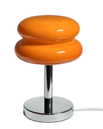 Load image into Gallery viewer, Vibrant orange glossy macaron table lamp with a sleek chrome stand and round base, ideal for modern and stylish interiors.
