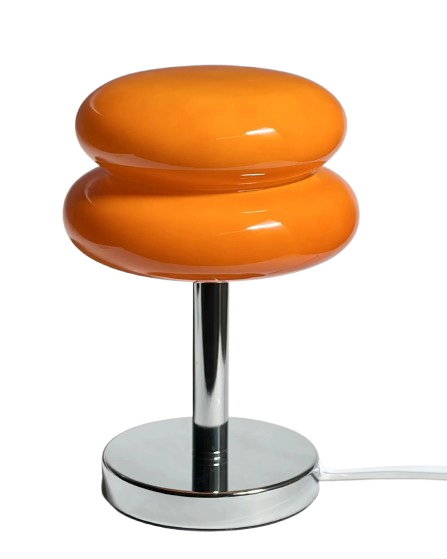 Vibrant orange glossy macaron table lamp with a sleek chrome stand and round base, ideal for modern and stylish interiors.