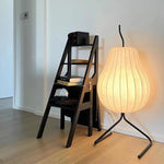 Load image into Gallery viewer, Modern pear-shaped floor lamp with a glowing cream shade and a black metal stand, placed beside a minimalist black step-shelf in a bright room with wooden flooring.
